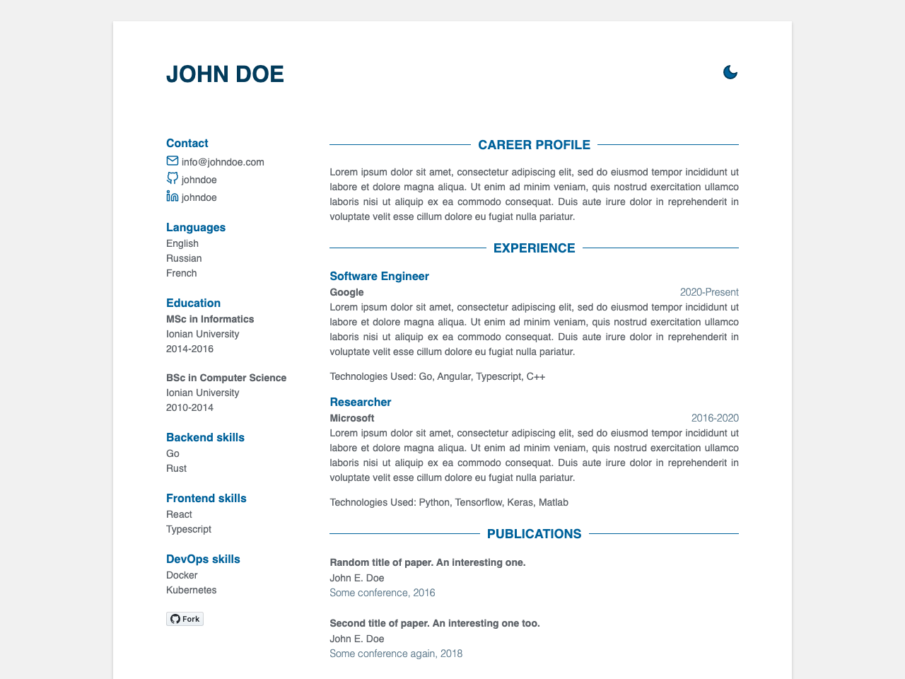 Jekyll CV screenshot